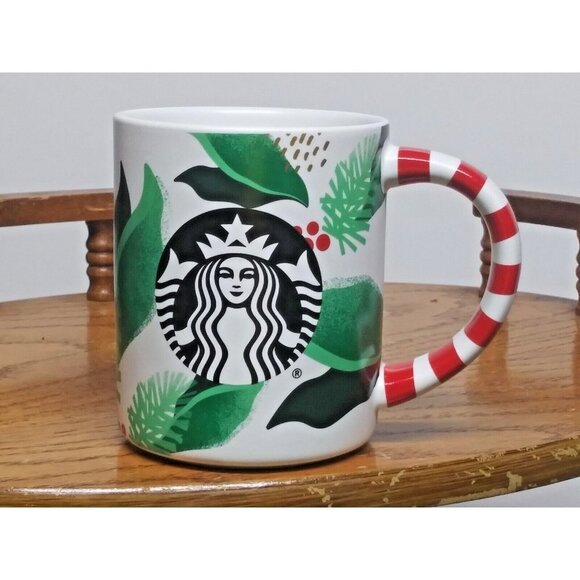 STARBUCKS CHRISTMAS Mug Cup 2019 Candy Cane Handle PRETTY 120z siren head EUC - Picture 1 of 8